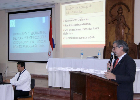 El presidente de la Circunscripción del Alto Paraná, abogado Isidro González, dando apertura a la presentación del informe de gestión.