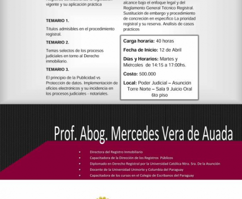 El curso será impartido por la abogada Mercedes Vera de Auada, desde el próximo martes 12 de abril.