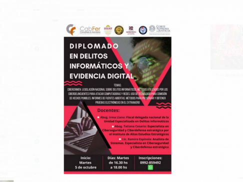 Diplomado en Delitos Informáticos y Evidencia Digital el martes 5 de octubre de 16:30 a 18:00 en modalidad virtual.