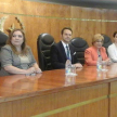 La ministra Gladys Bareiro de Módica, las directoras de Mediación y de la Dirección de Derechos de la Propiedad Intelectual, Gladys Alfonso y Gabriela Talavera, respectivamente, junto al expositor.
