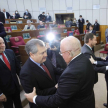 Los ministros Eugenio Jiménez Rolón y César Diesel saludan al ministro del TSJE, Jorge Bogarín