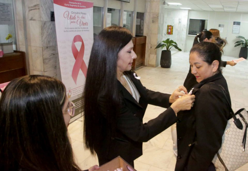 Se realizó la entrega de lazos rosados y materiales informativos a funcionarios del Poder Judicial, con el propósito de generar conciencia y promover la realización de controles rutinarios en mujeres.