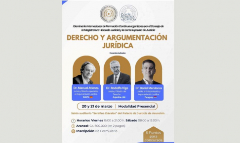 Palacio de Justicia será sede de Primer Seminario Internacional de Formación Continua sobre Derecho y Argumentación Jurídica.