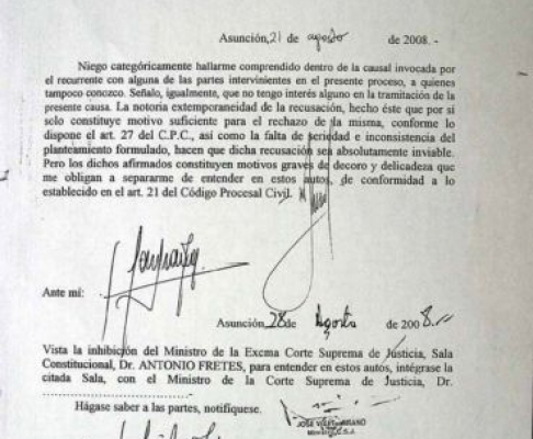 La acción de inconstitucionalidad en donde se observa la inhibición del ministro Antonio Fretes