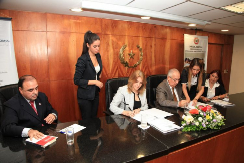 Acto de firma de convenio entre la Corte Suprema de Justicia y el Ministerio de la Mujer.
