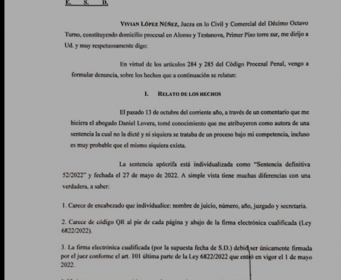 Parte de la denuncia presentada por la jueza Vivian López ante la Fiscalía General. 