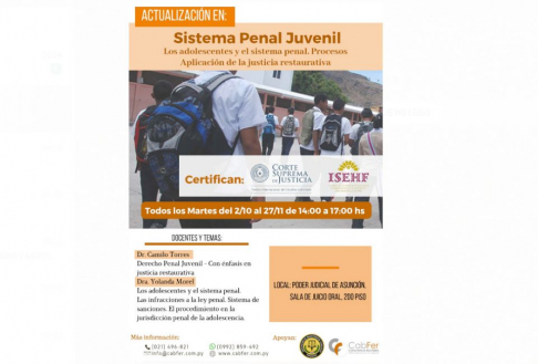 Del 2 de octubre al 27 de noviembre del corriente año, los días martes, se hará el curso de actualización sobre “Sistema Penal Juvenil”.