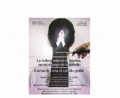 Corte Suprema insta a participar de la jornada de donación de cabello, en la planta baja del Palacio de Justicia de Asunción.